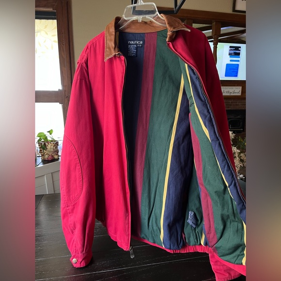 Nautica Red Vintage XL Bomber Jacket 90s Leather Collar Zip Up - Picture 1 of 6